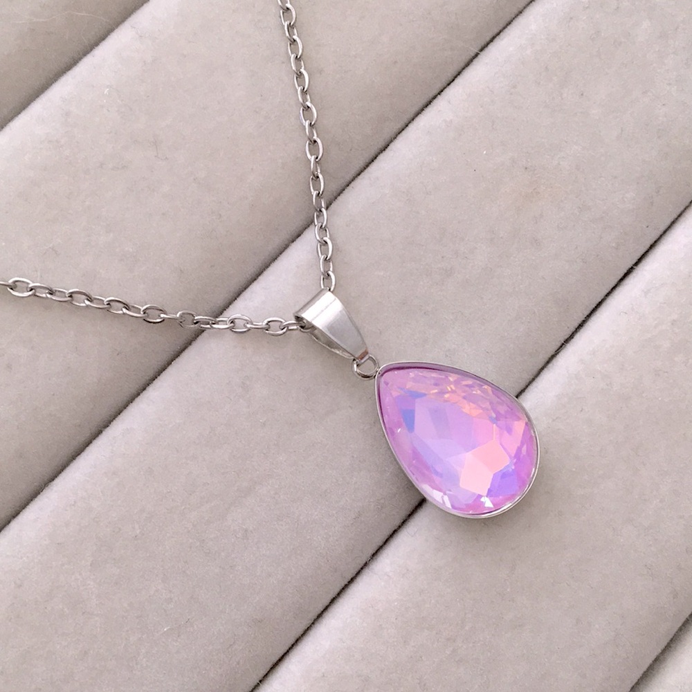 Lilac Lavender Opal Aurora Borealis + Stainless Steel Pear Crystal Drop Necklace - Picture 6 of 7
